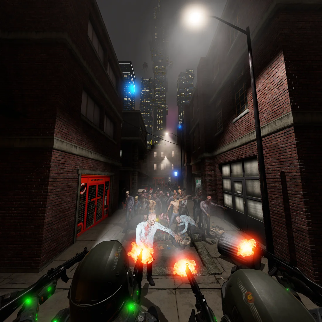 First-person Ebullition gameplay: a squad fights a zombie horde in a city alley.