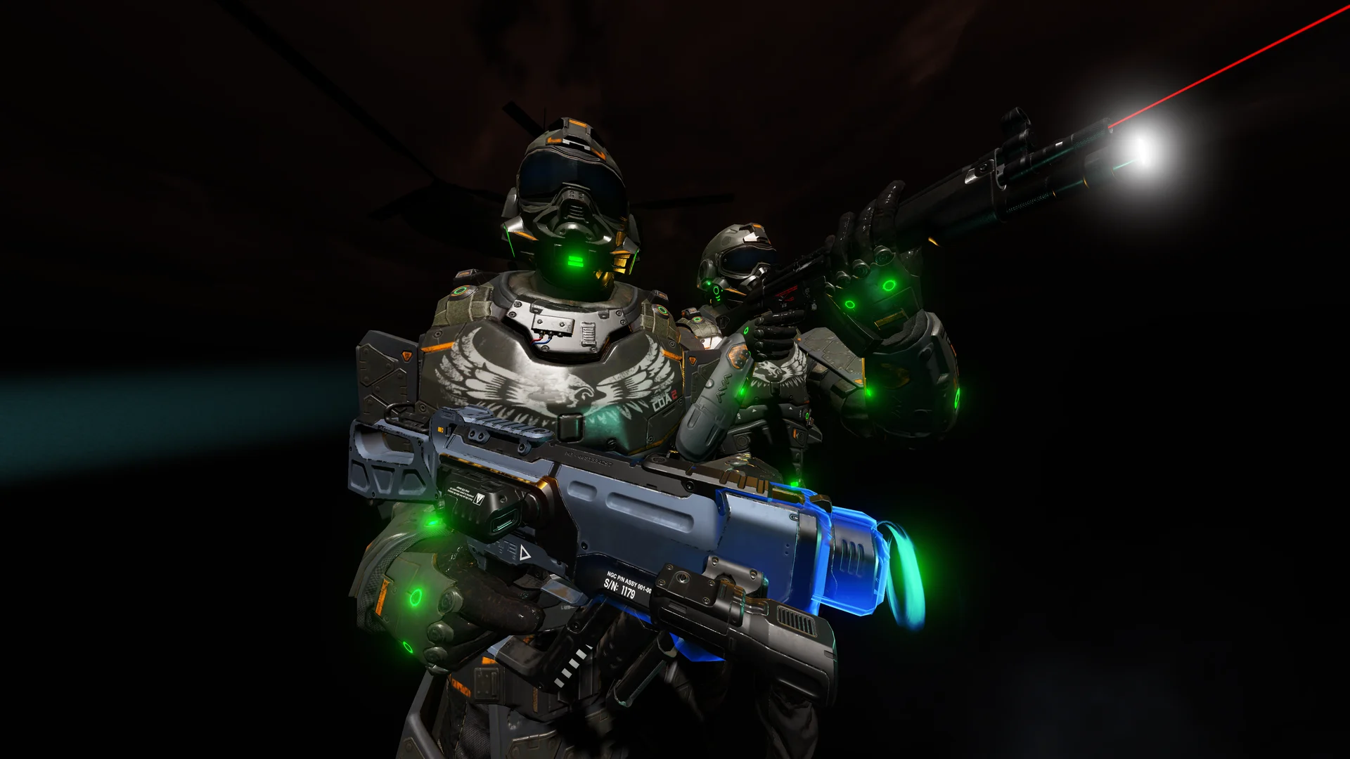 Armored soldiers standing together with futuristic weapons in Ebullition LBVR.